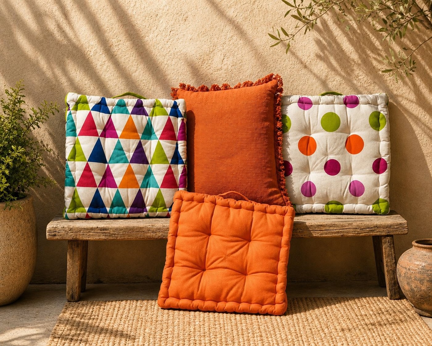Colourful cushions arranged on a wooden bench