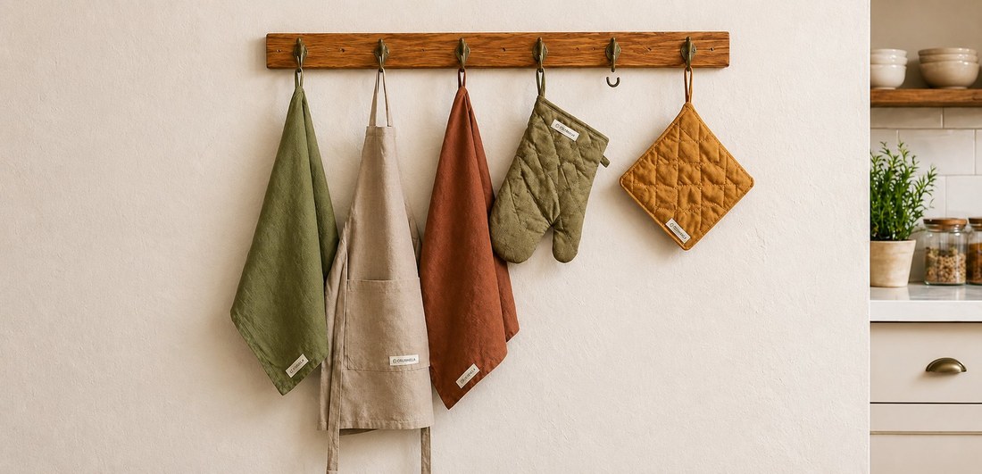 Kitchen linen, aprons and oven mitts